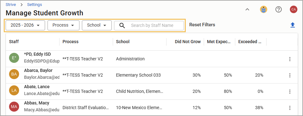 Manage the student growth table by using filters.